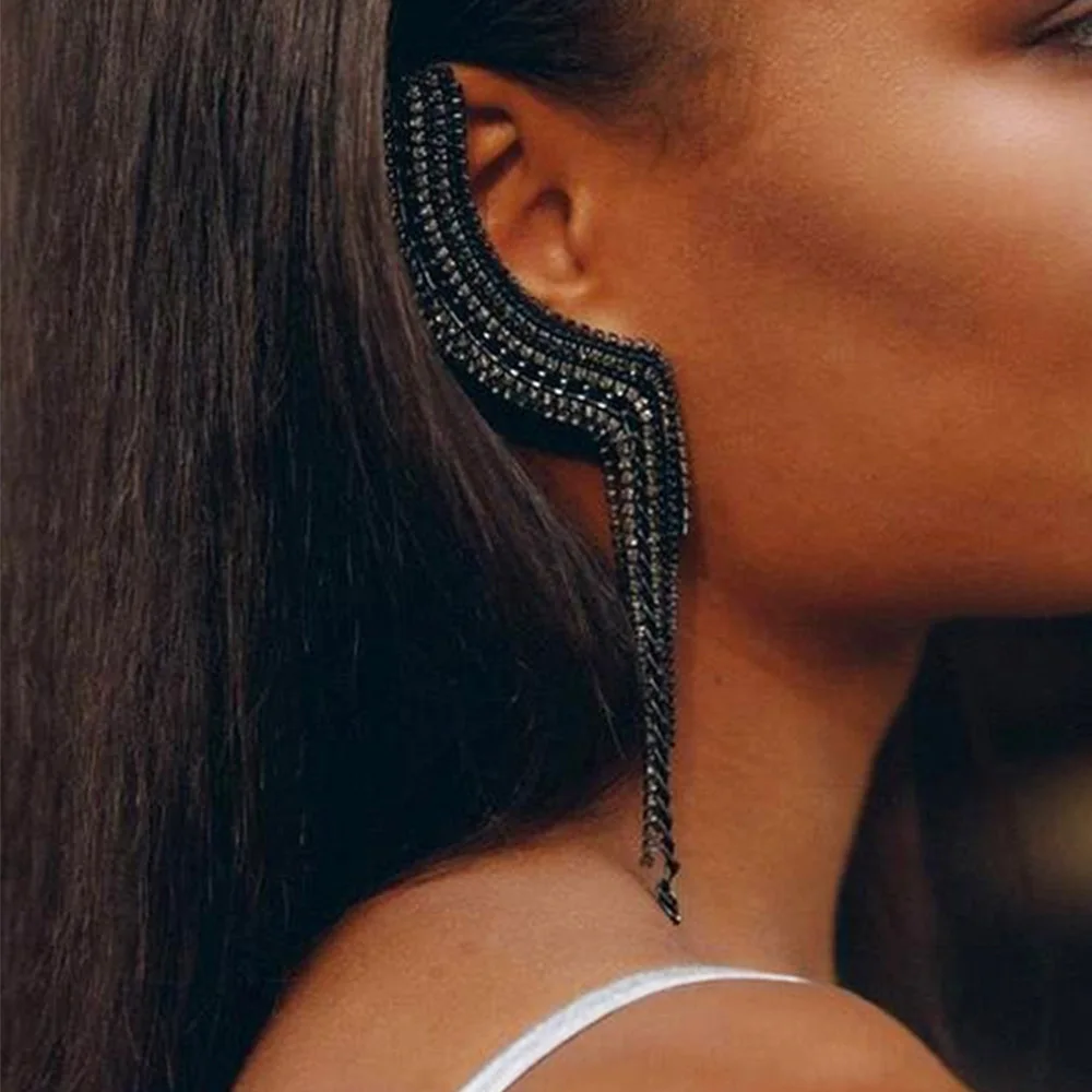 Stonefans Shiny Women 1 Pcs Black Crystal Ear Clip Trendy Rhinestone Tassel Earrings No Piercing Jewelry