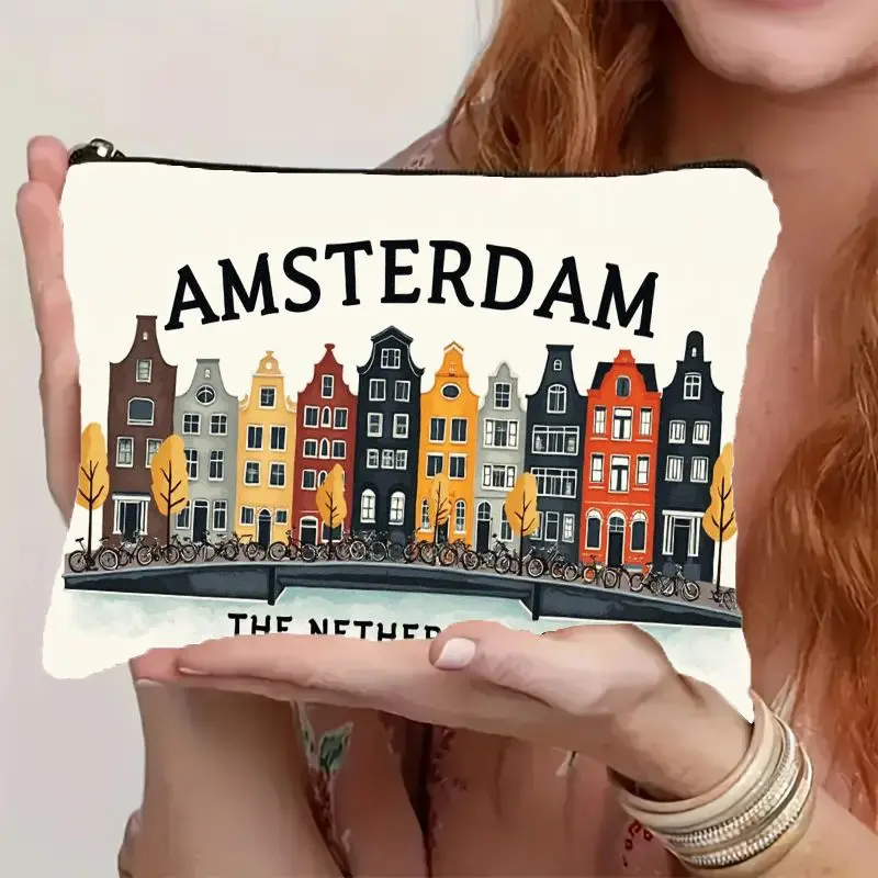 1Pc Dutch Canal-Side Colorful Gable-Fronted House with Bicycle Vintage Design Multifunctional Travel Makeup Bag, Snack Storage Bag, Stationery Storage Bag, Fashionable Toiletry Bag, Canvas Double-Sided Printed Zipper Pouch