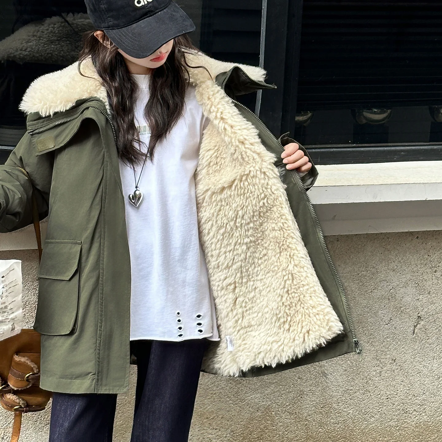 معطف سترة باللون الأخضر العسكري للفتيات مع بطانة وياقة من الفرو الصناعي، ملابس خارجية شتوية دافئة مع جيوب، سترة عصرية للفتيات #6