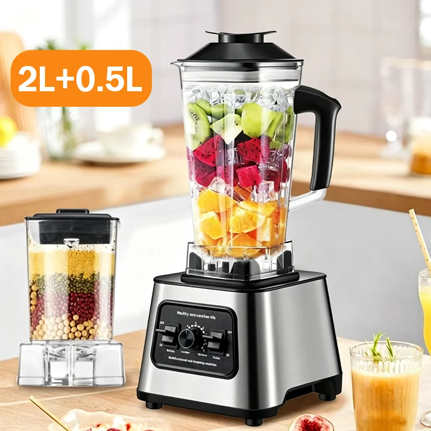 Potente Licuadora Mezcladora de 6000W, Exprimidor de Jugos, Preparador de Smoothies, Licuadora de Mesa con Recipientes de 2L+0.5L, Procesador de Alimentos para Hielo, Nueces y Frutas, Licuadora Profesional Multifunción