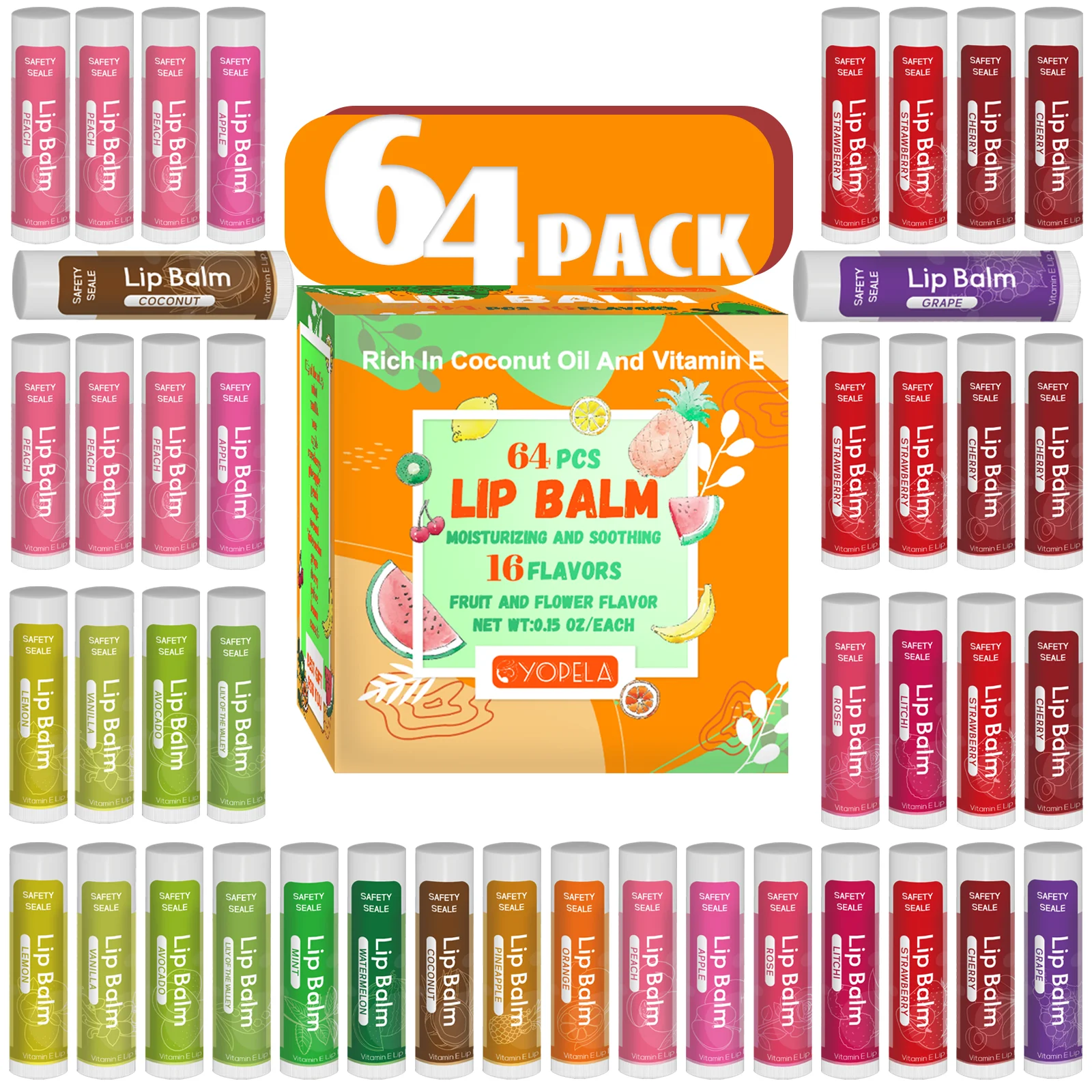 

64 Pack Natural Lip Balm Bulk with Vitamin E Coconut Oil Moisturizing Soothing and Repairing Dry Chapped Lips Makeup