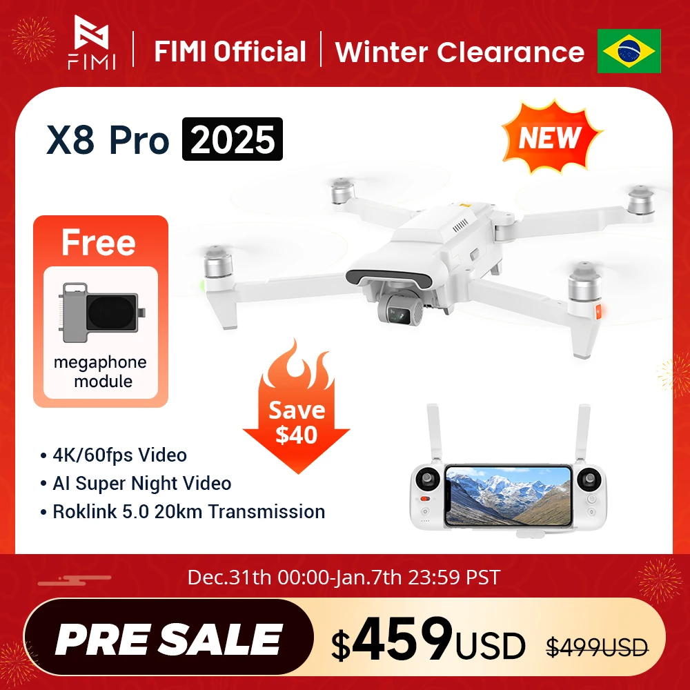 FIMI X8 Pro 2025 Drone 1/1.3 นิ้ว 48Mp CMOS 4K 60fps 5.0 Roklink 20Km 3 แกนGimbal GPS AI Super Night Video RC Quadcopter