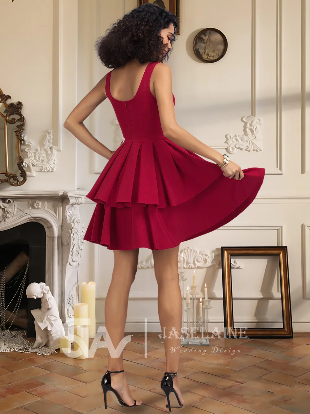 

LA Homecoming Dresses Cocktail Graduation Party Formal Short A-Line V-Neck Stretch Crepe Sleeveless Ruffled Dress Women Evening