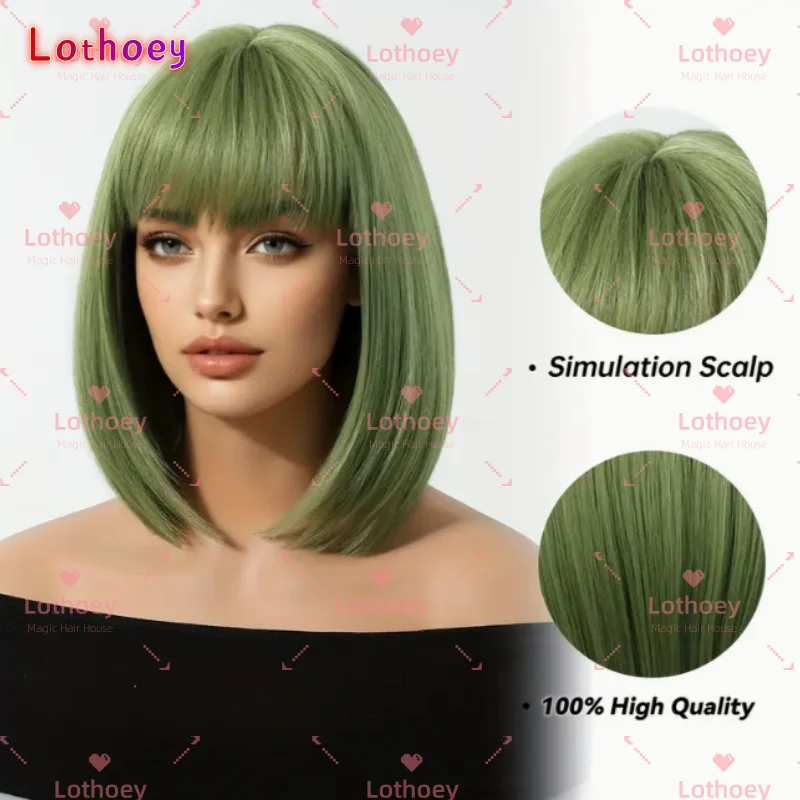 Parrucca Humen Hair con frangia dritta verde, per la vita quotidiana, feste, festival musicali, concerti, ecc