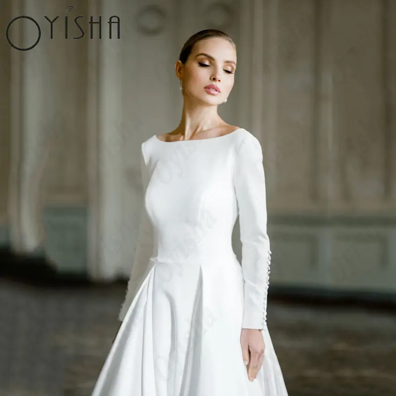 OYISHA-Robes de mariée A-Line Scoop pour femmes, simple, manches longues, satin, patients, quoi que ce soit, sexy, dos nu, exquisOyisha a - word robe de mariée Slim manches longues satin robe de mariée pour les femmes