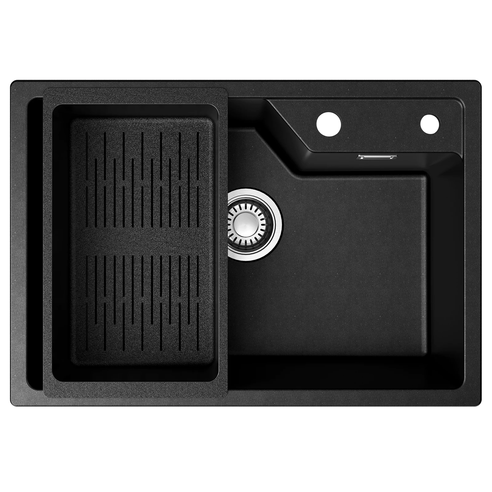 65 x 45 cm Küchenspüle Schwarz Quarzkomposit Steinspüle Einbauspüle mit Spülkorb Maximale Kapazität Hitzebeständig Steinstruktur Spülbecken für Moderne Küche Siphon Set