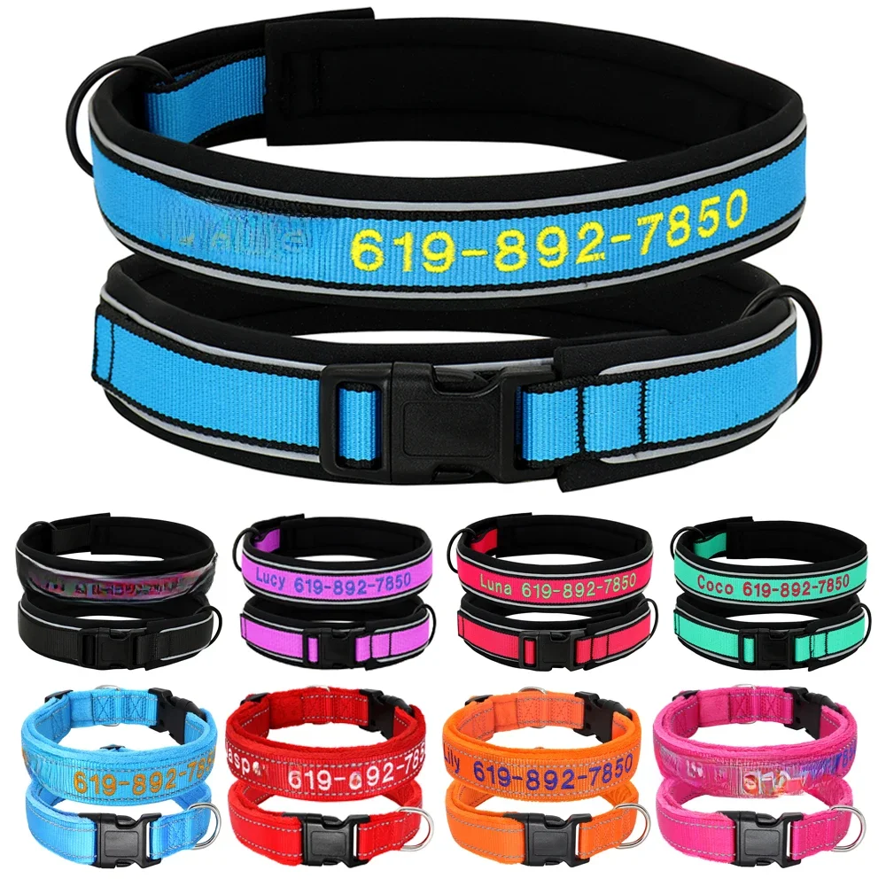 Gepersonaliseerde geborduurde halsband Reflecterend nylon Aangepaste ID-naam Accessoires Gewatteerde halsbanden voor huisdieren voor kleine, middelgrote en grote honden - afbeelding 2