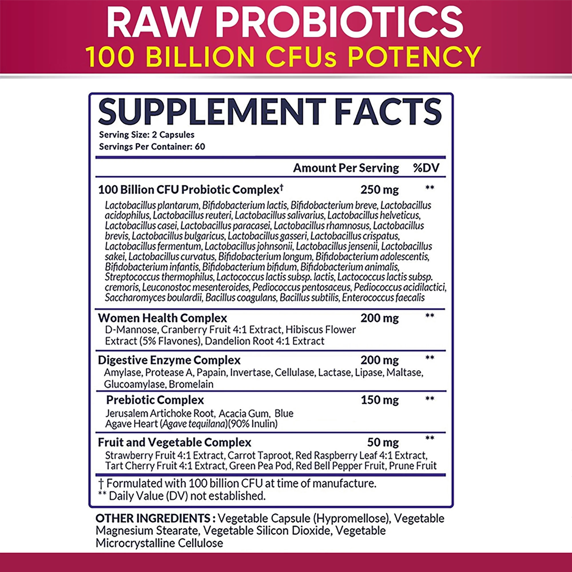 Raw Probiotics for Women - with Prebiotics, Digestive Enzymes - Promotes Nutrient Digestion and Gut Health - 120 Capsules