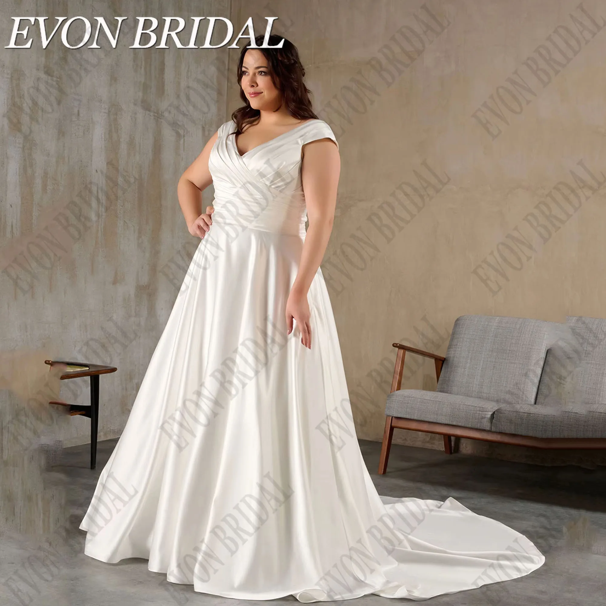 

Свадебное платье из атласа больших размеров с V-образным вырезом и шлейфом, элегантное платье для невесты, корсет, рукава-крылышки, свадебные платья EVON BRIDAL, на заказ Свадебное платье большого размера из атласа с V