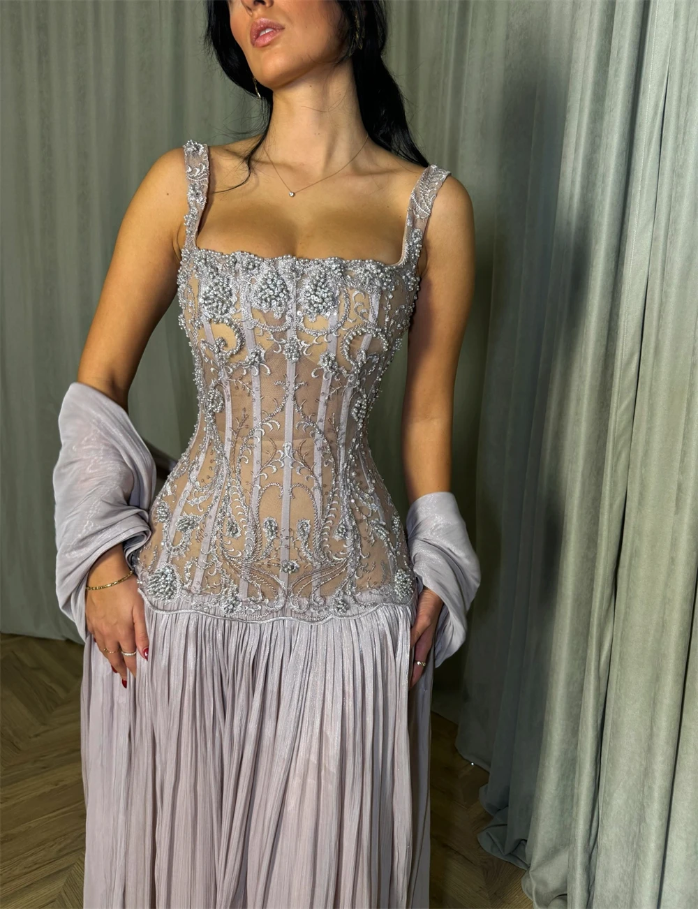 Sansa personalizado empoeirado lilás a linha beading plissado vestido de baile com xale sem mangas vestidos de noche até o chão vestido formal