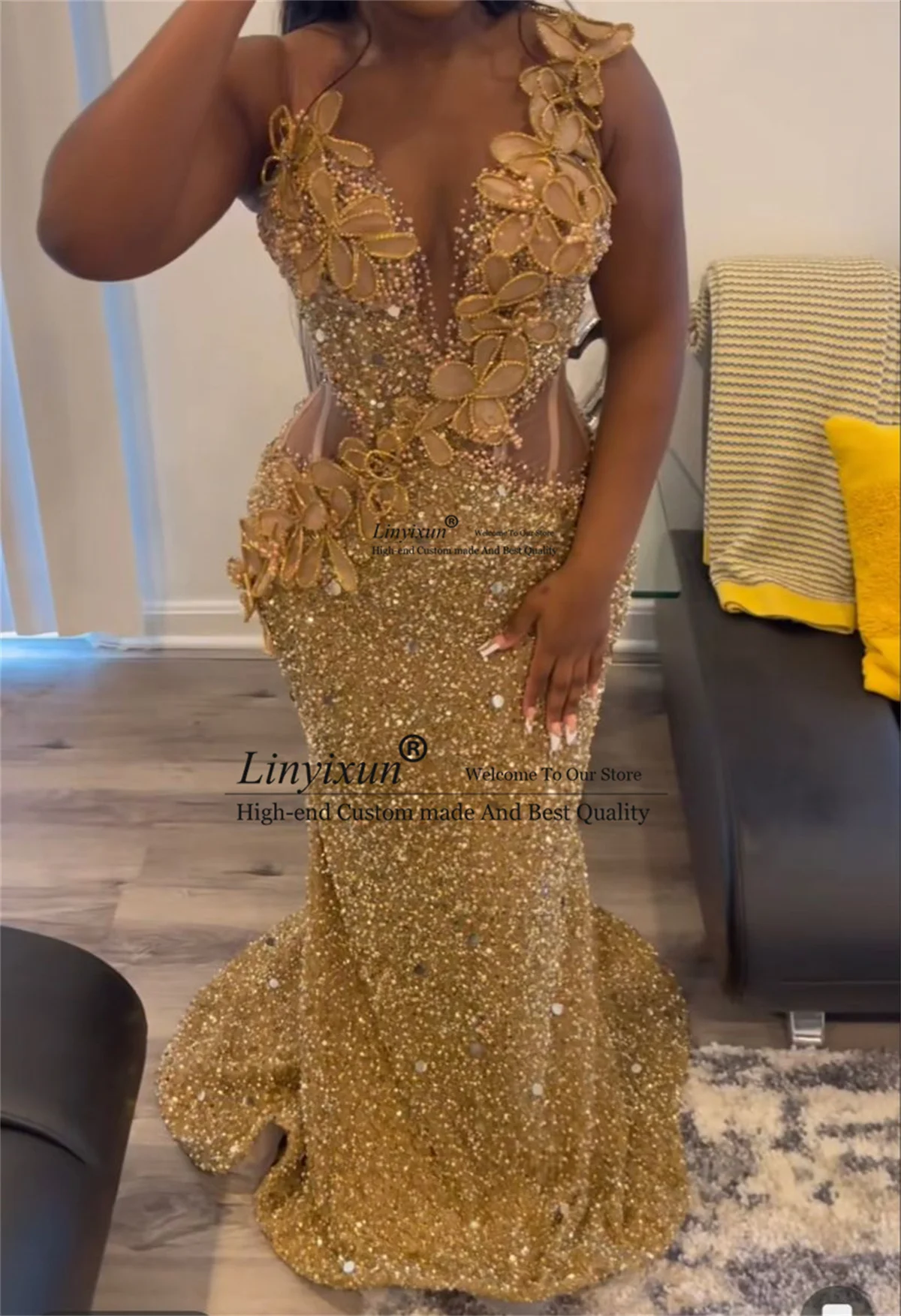 Luxury Beaded Mermaid Prom Dress Sequins Floars Dubai African Evening Party Gowns Sleeveless Long Court Train Vestido De Gala