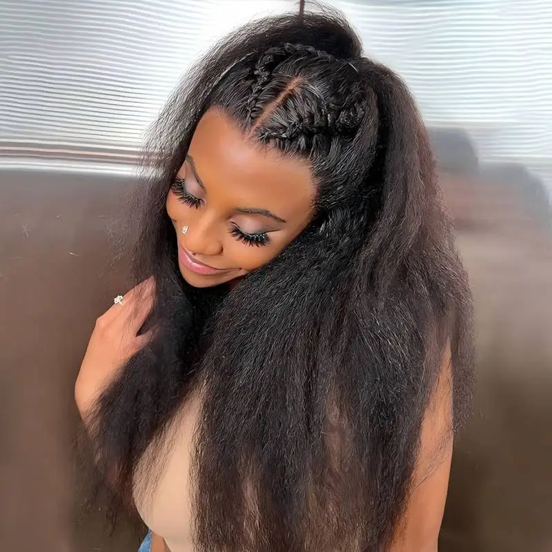 

Kinky Straight Human Hair Wig 180% Density 13x4 Lace Front Wigs Human Hair Pre Plucked Yaki Straight for Women Brazilian Wigs