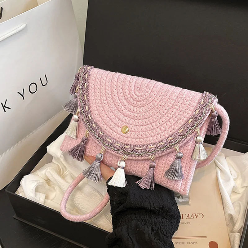 

Retro Woven Straw Crossbody Bag with Colorful Tassels, Bohemian Envelope Clutch Handbag for Women, Lightweight Summer Beach Shou