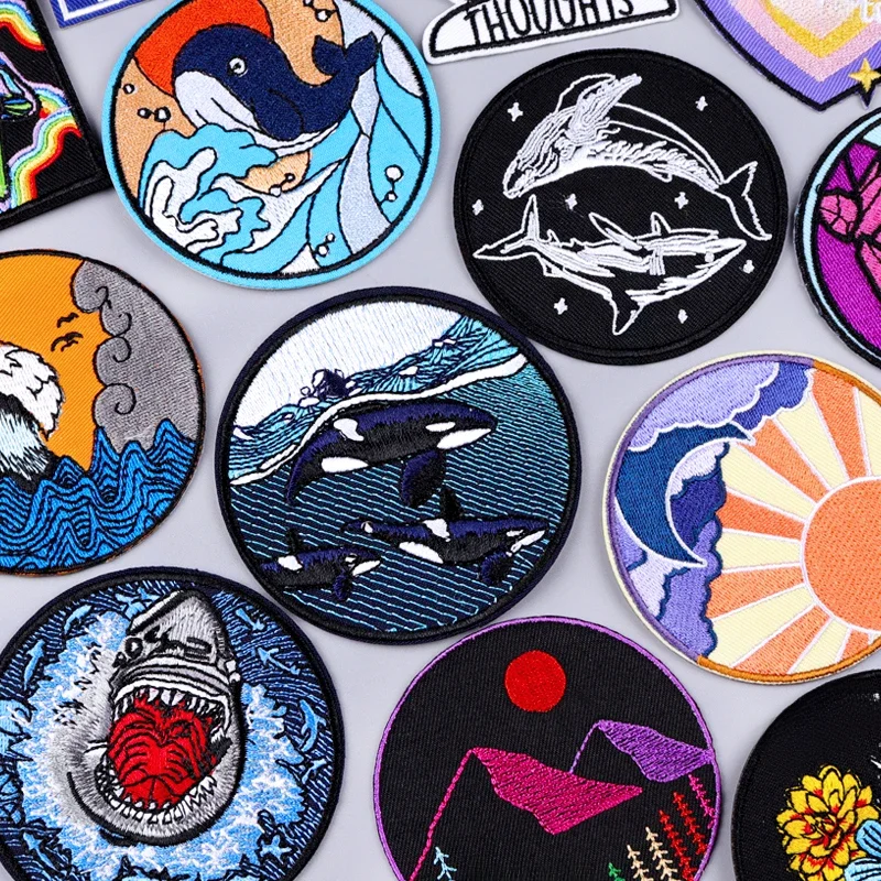 Welle/Delphin Shark Patch Outdoor Stickerei Patch Eisen auf Patches für Kleidung thermoadhäsive Patches auf Kleidung Nähen Applikation