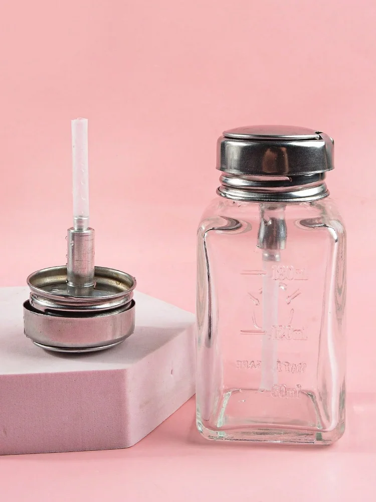 Nach unten drückbarer, leerer Pumpspender aus Glas für Nagellack, Alkohol, Make-up-Entferner, klare, nachfüllbare Flasche, Aufbewahrung für flüssigen Reiniger