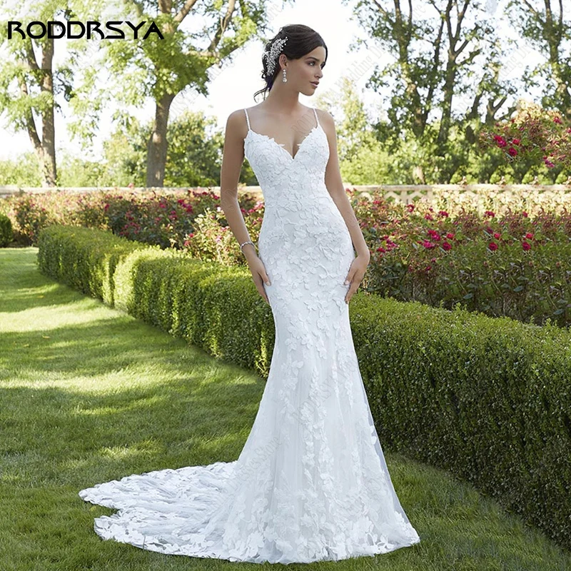 RODDRSYA Appliques Spaghetti-trägern Hochzeit Kleid Meerjungfrau Brautkleid Brautkleid Strand Robe De Mariée Sexy Backless Tasten 2023