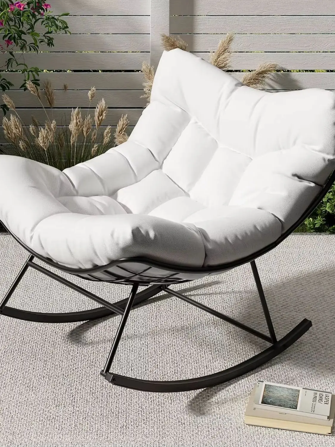 Schaukelstuhl Oversized, Schaukelsessel mit dickem Kissen & Metallrahmen, Relaxsessel für Poolside, Garten und Hinterhof, Tragfähigkeit
