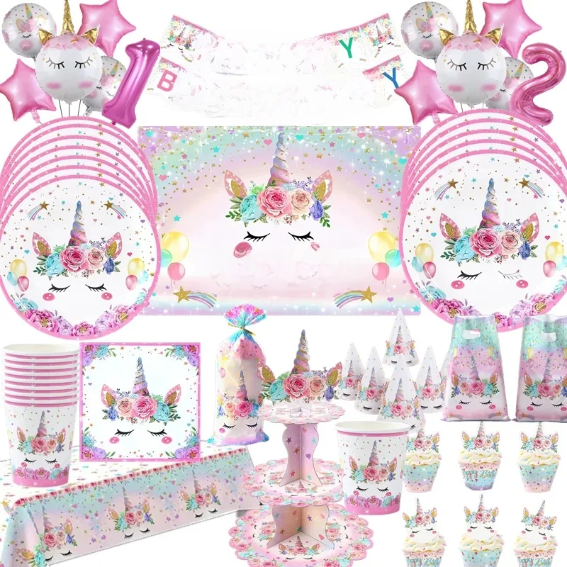 Fournitures de fête licorne, décorations de fête d'anniversaire pour 1er enfants, thème licorne, gobelets en papier, assiettes, ballons, décoration de gâteau, réception-cadeau pour bébé fille
