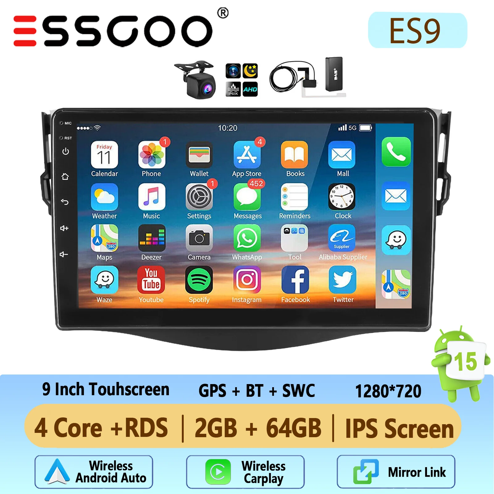 Autoradio ESSGOO Android 15 9 Inch 4+64G voor Toyota RAV4 2007-2012 Draadloze CarPlay Android Auto GPS Navigatie FM WiFi Bluetooth RDS Stuurwielbediening Mirror Link Touchscreen Hoofdeenheid