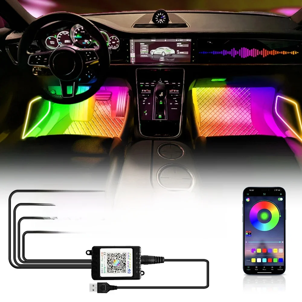 RGB Automotive Atmosphere Lampa dekoracyjna Led Wewnętrzna listwa oświetleniowa Samochodowe oświetlenie otoczenia stóp z papierosem USB i zdalnym głosem — 2
