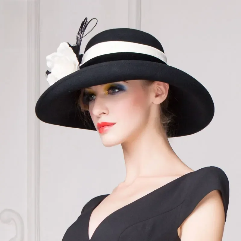 FS Duży czarny kapelusz z szerokim rondem Fedora dla kobiet Wełniany filcowy kapelusz Jesień Zima Kościół Melonik Cloche Kapelusze Kwiaty Sombrero Femme — zdjęcie 2