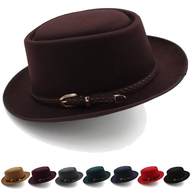 Chapéus de porkpie clássicos para homens cinto sólido preto fedora chapéus cavalheiro chapéu de negócios moda sombrero hombre chapeu masculino mostrar