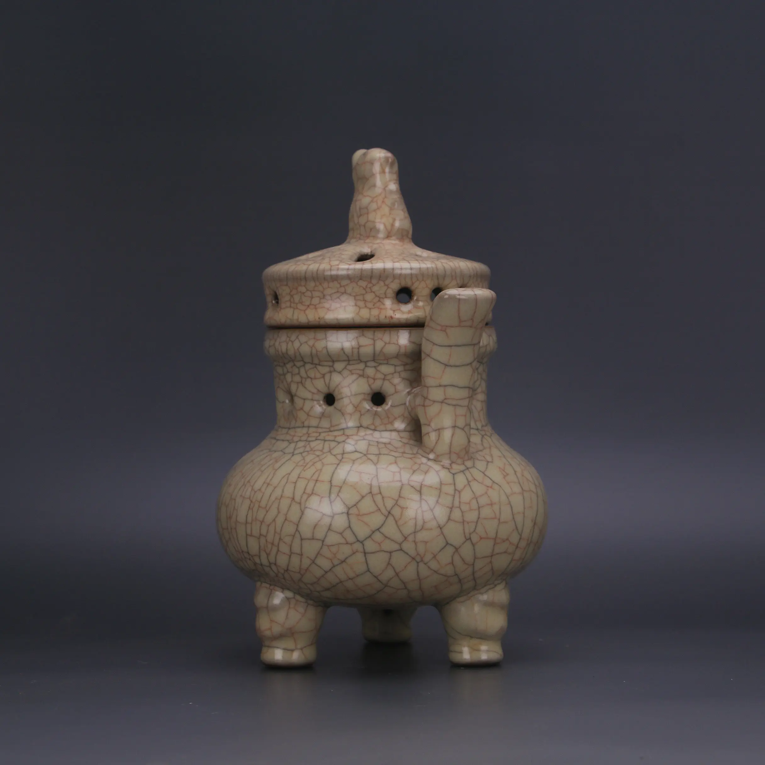 Incense Burner Song Dynasty Ge Kiln Style Yellow Glaze Crackle Double Ear Hollow Handmade Porcelain Home Decor Collectible