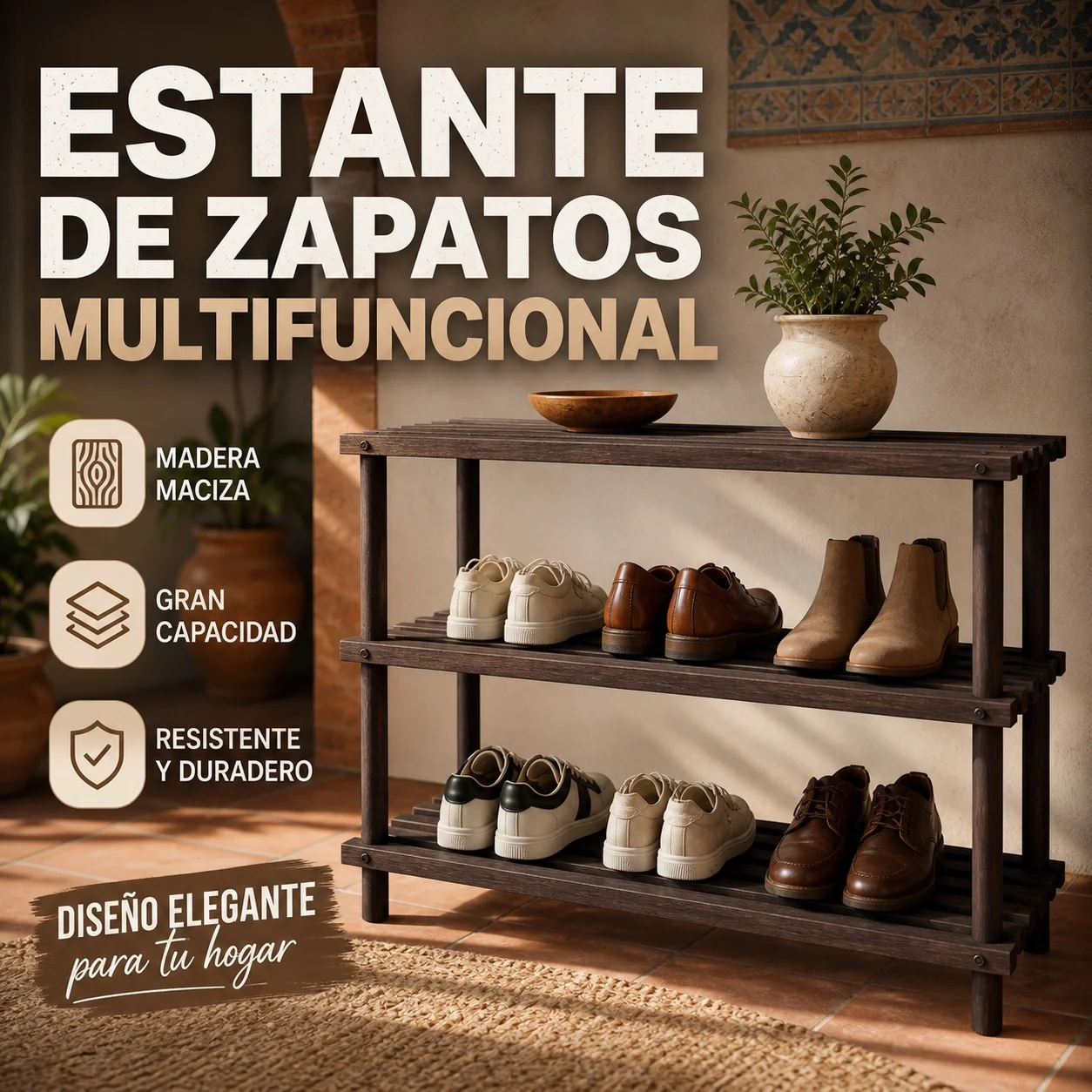 Étagère à chaussures en bois, organisateur de chaussures en bois massif naturel à 3 niveaux, design rustique élégant, robuste et ventilé, garde vos chaussures bien rangées et s'adapte parfaitement à l'entrée, au couloir, à la salle de bain et à n'importe quel espace de votre maison