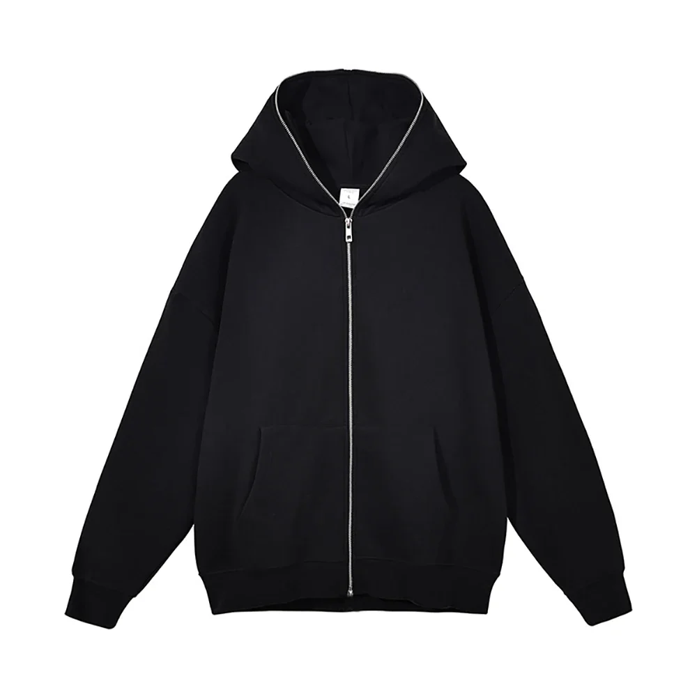 Harajuku Kurtka Bluzy Mężczyźni Zip Up Bluzy Kurtka Retro Długi rękaw Oversize Czarny Bluza z kapturem Płaszcze — zdjęcie 2