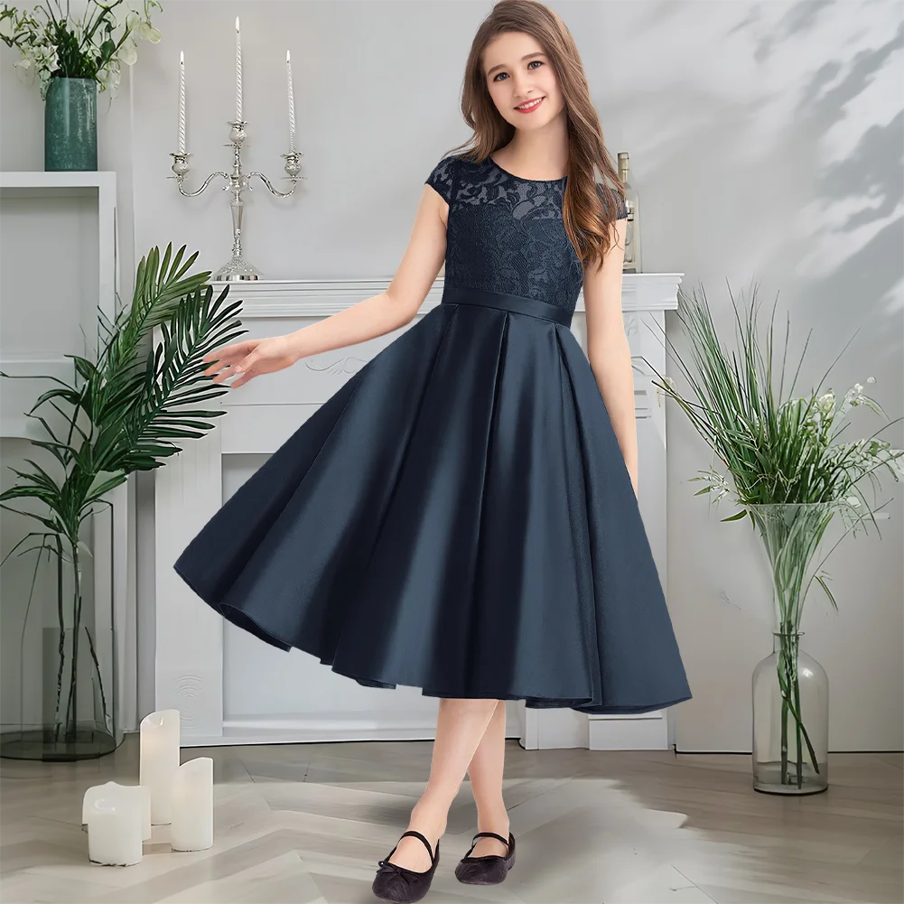 B Lujoso vestido de dama de honor junior de línea A, cuello redondo, vestido de niña de flores, encaje satinado, adecuado para fiesta de boda y ceremonia