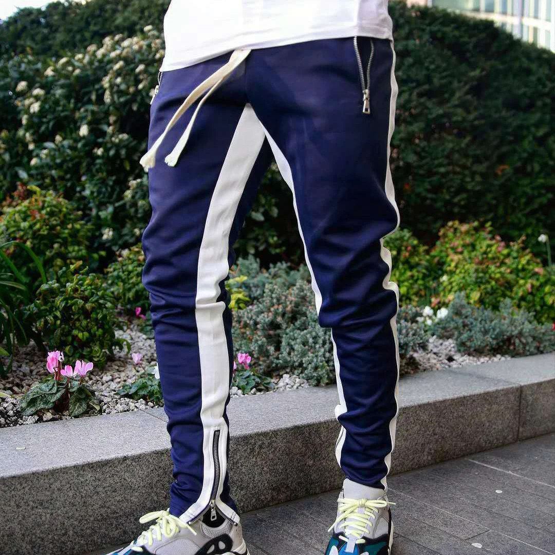 2022 New Sports Casual Pants Low Feet Zip Pocket Cotton Summer Pants Casual Men\'s Sports Pants Running Pants Splice Stripe Gym