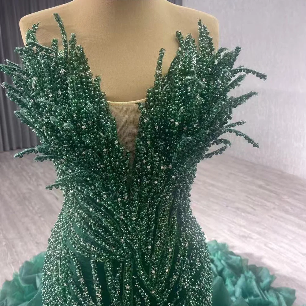 

Green Long Sleeveless Sweetheart Evening Dress Beaded Lace Vestido De Gala Noche Mujer With Ruffles For Special Occasions