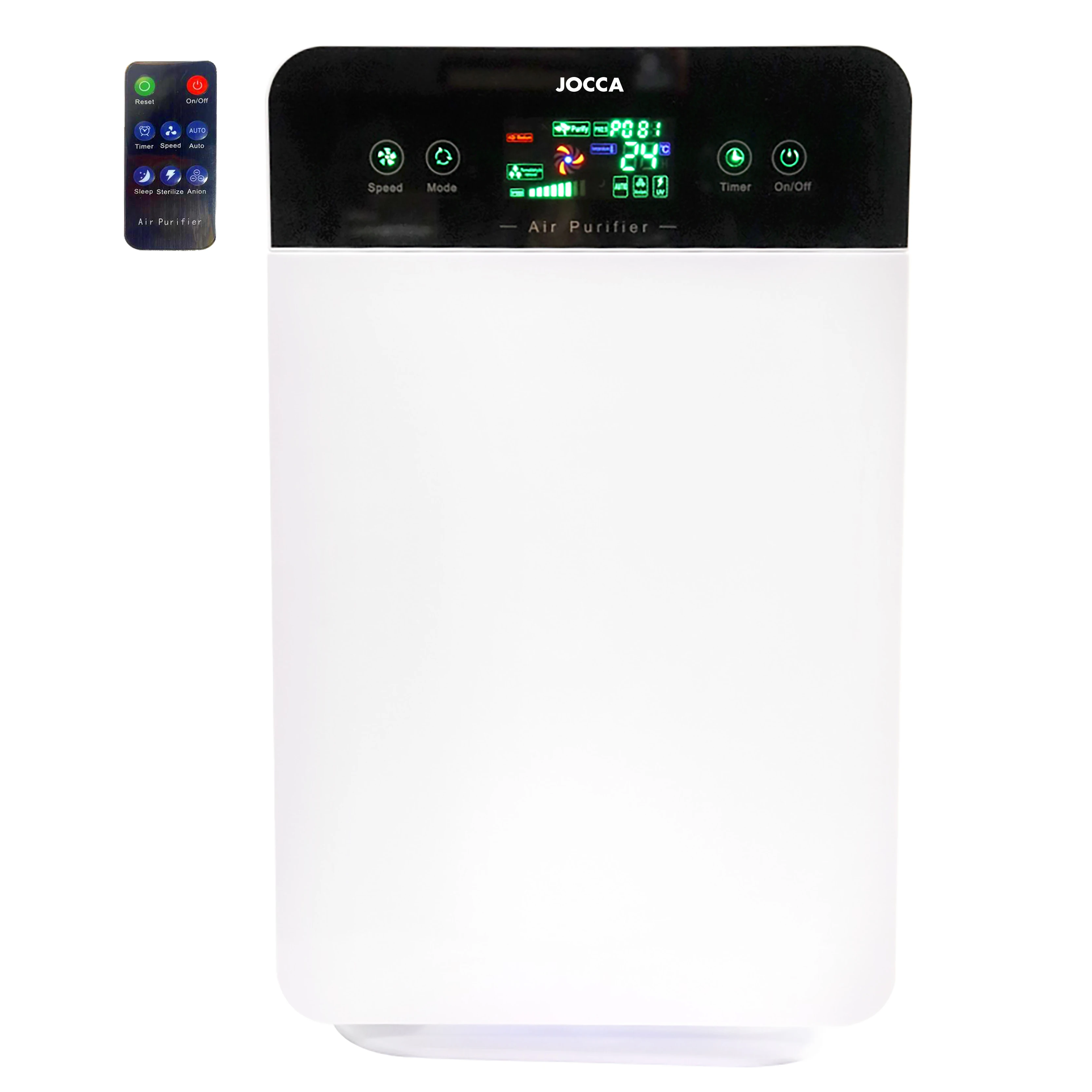 JOCCA negative ion air purifier with TRIPLE filter that captures and removes allergens, smoke or germs. Includes UV light, programmable timer and remote control. Use in office and home.