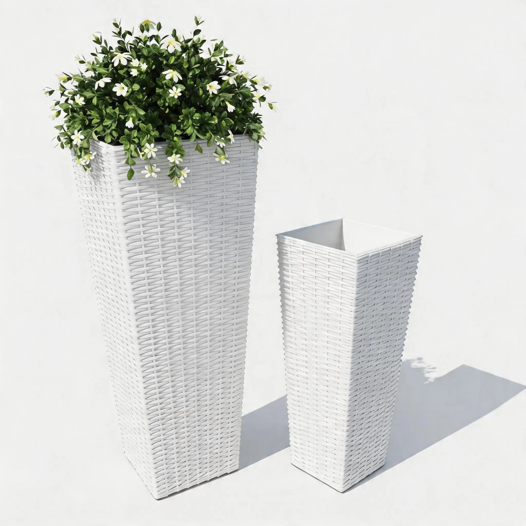 Ensemble de 2 pots à fleurs en rotin - Hauteur 60 cm et 81 cm - Grands pots modernes résistants aux intempéries avec insert intérieur et drain - Pour arbres, fleurs, terrasse et jardin