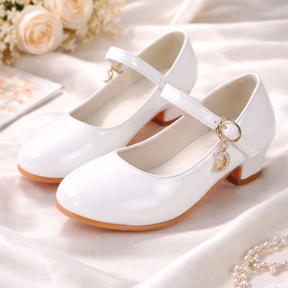 Pageant Children Leather Mary Jane Heels Ankle Strap Charm Formal Occasion Wedding Bridesmaid Party School Uniform Girls Shoes