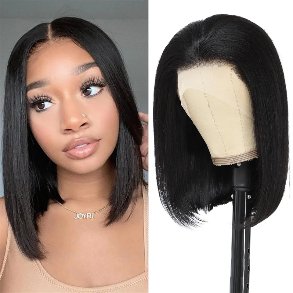 Peruvian Short Bob Wig Human Hair Straight 13x4 Transparent Lace Front Wig 180 Density Pre Plucked 4x4 Closure Wigs for Women