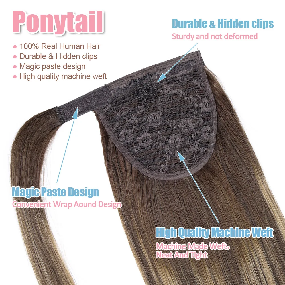 RoundAround-Queue de cheval droite brésilienne pour femme, extensions de cheveux humains Remy, cheveux humains