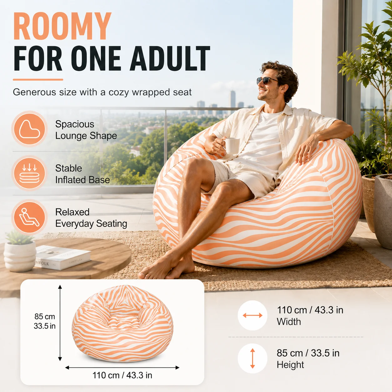 1PC Inflatable Bean Bag Chair, Air Sofa Striped Lounge Sofa, PVC Lazy Recliner Pool Float Indoor Outdoor Portable Waterproof - view 4