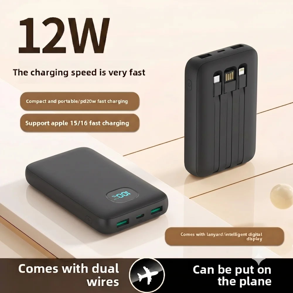 Ultra Slim 10000mAh Power Bank Portable Charger with 3 Built-in Cables PD 3.0A USB-C Battery Pack LCD Display 5 Outputs for iPhone Samsung Android Travel Essentials
