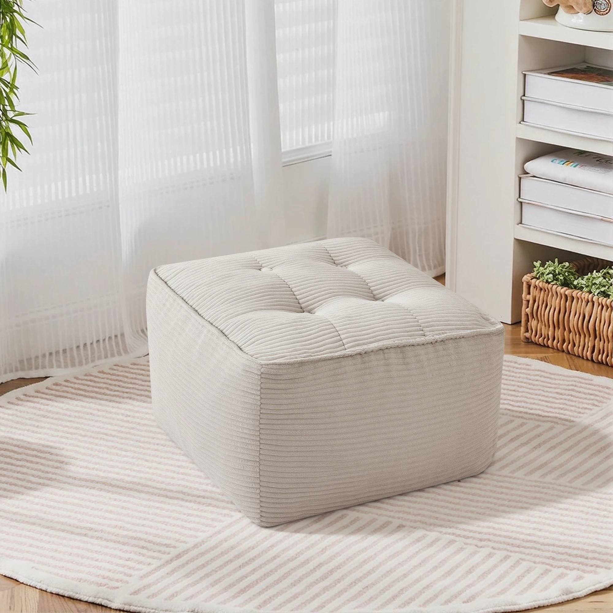 Otomana Tapizada en Pana Suave, Reposapiés Cuadrado con Detalles Cosidos, Reposapiés Moderno para Decoración del Hogar