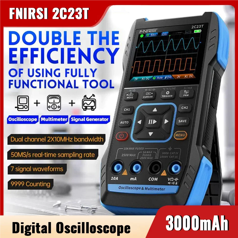 FNIRSI 2C23T Handheld Digital Oscilloscope Multimeter + Function Signal Generator 3IN1 Dual Channel 10MHZ*2 50MS/s Oscillometer