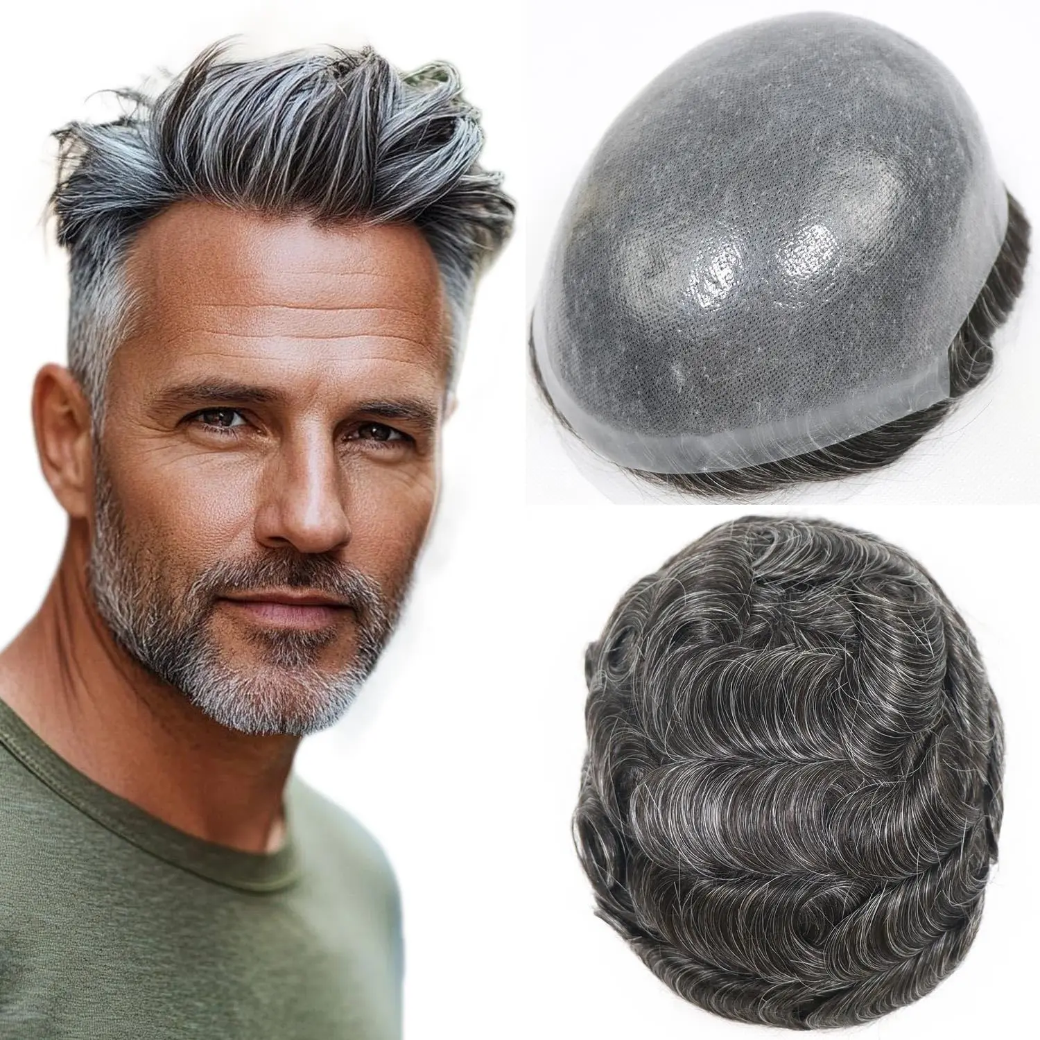 

Poly Skin Men's Toupee Thin PU Hairpiece Real Human Hair Replacement System V-Loop Frontal Hair Prosthesis Unit with Gray Hair