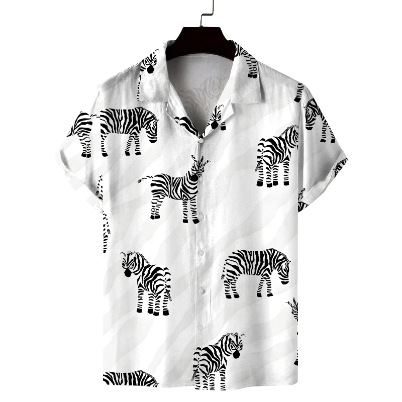 남성 여름 쿠바 칼라 반팔 셔츠 귀여운 작은 동물 프린트 남성 셔츠 편안하고 통기성 좋음