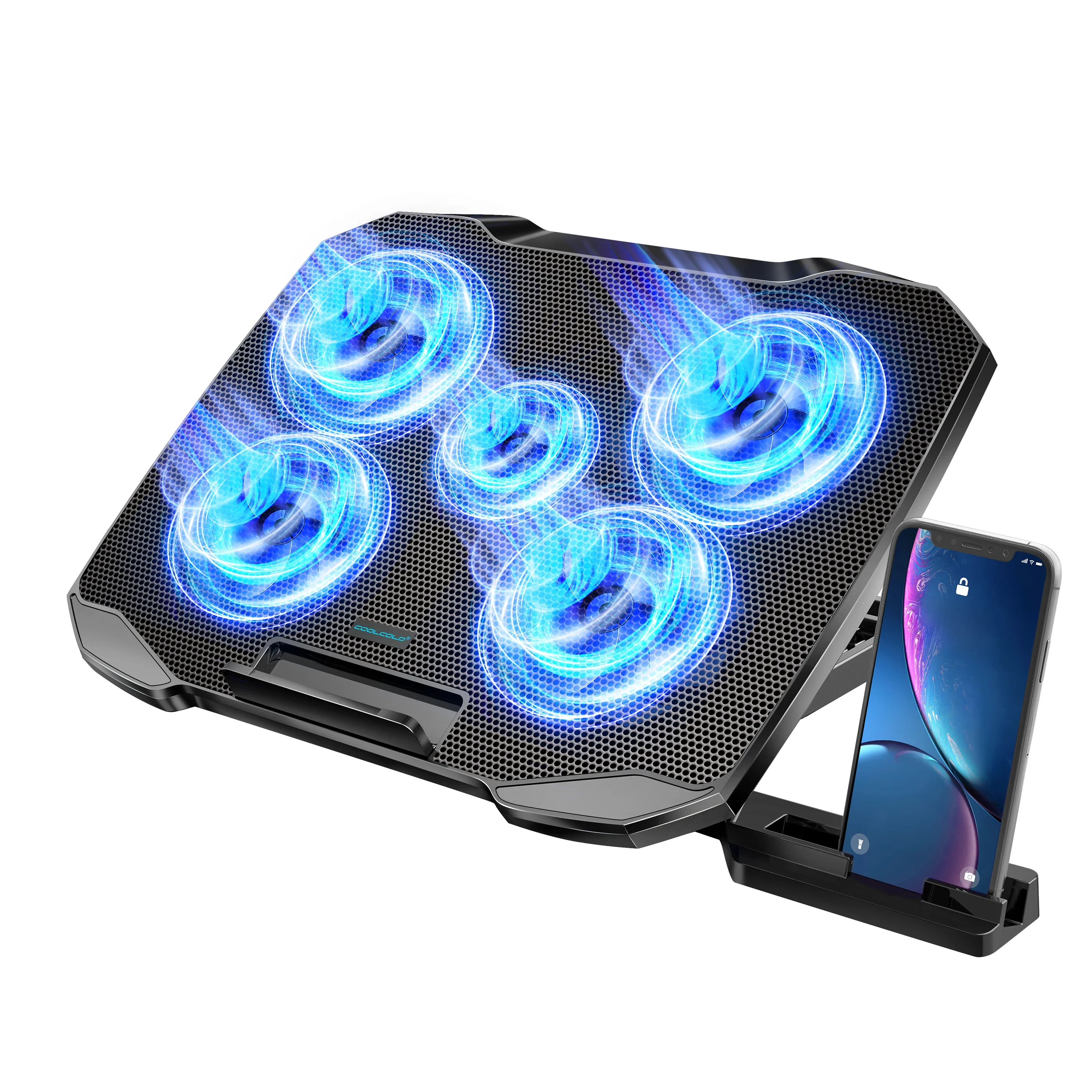 COOLCOOLD Tapis de refroidissement pour ordinateur portable pour support de refroidissement pour ordinateur portable de 12 à 17 pouces, 5 ventilateurs silencieux, 5 angles réglables avec support pour