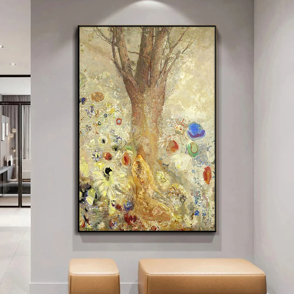 Odilon Redon The Buddha Lotus Tree Painting, Vintage Wall Art, Canvas Poster Print, Gautam Buddha Picture for Room Home Decor