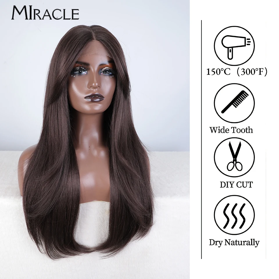 MIRACLE Synthetic Straight Lace Wig 26 Inch Lace Front Wig for Women Ombre Cosplay Red Blonde Wig With Bangs Female Fake Hair