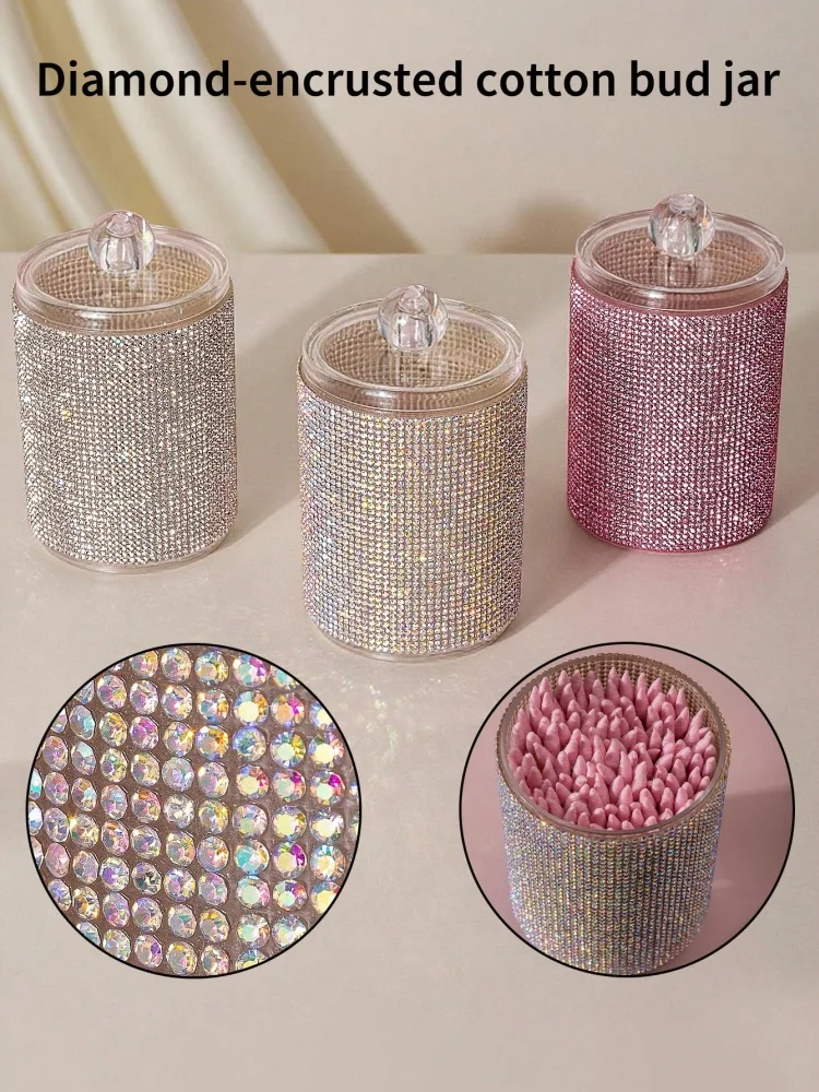 3-Farbiger Luxuriöser Diamantbesetzter Wattestäbchen-Aufbewahrungsbehälter, Dekorative Badezimmer-Waschtisch-Aufbewahrungsbox für Make-up