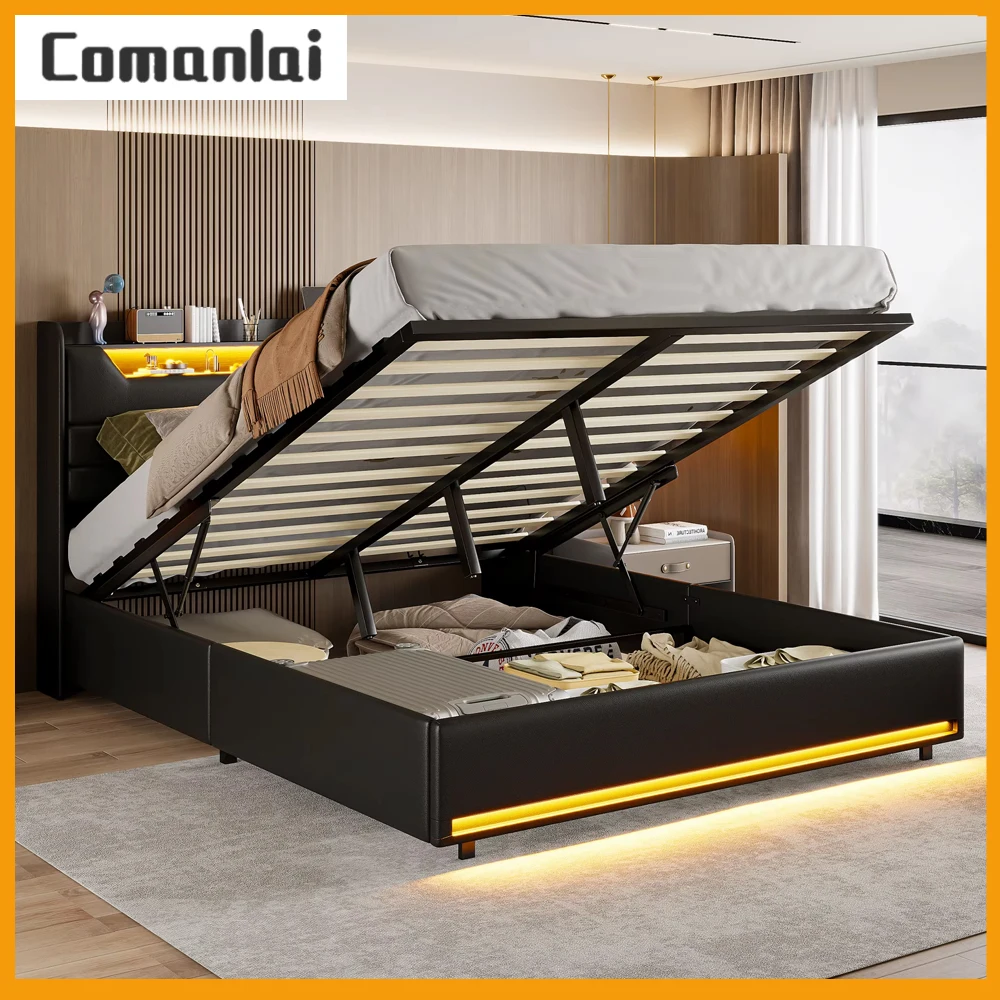 Letto matrimoniale Comanlai nero 140x200 cm, letto imbottito con spazio idraulico, illuminazione a LED e funzione di ricarica, PU, senza materasso