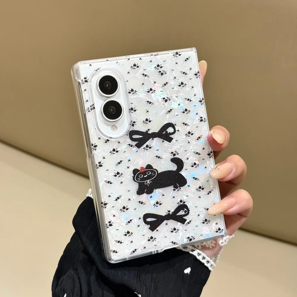 Korean Ins Cute Cat Shell Texture Glitter Phone Case Suitable for Samsung Galaxy Z Fold 8 Ultra Z Fold 8 Kawaii Shockproof Cover
