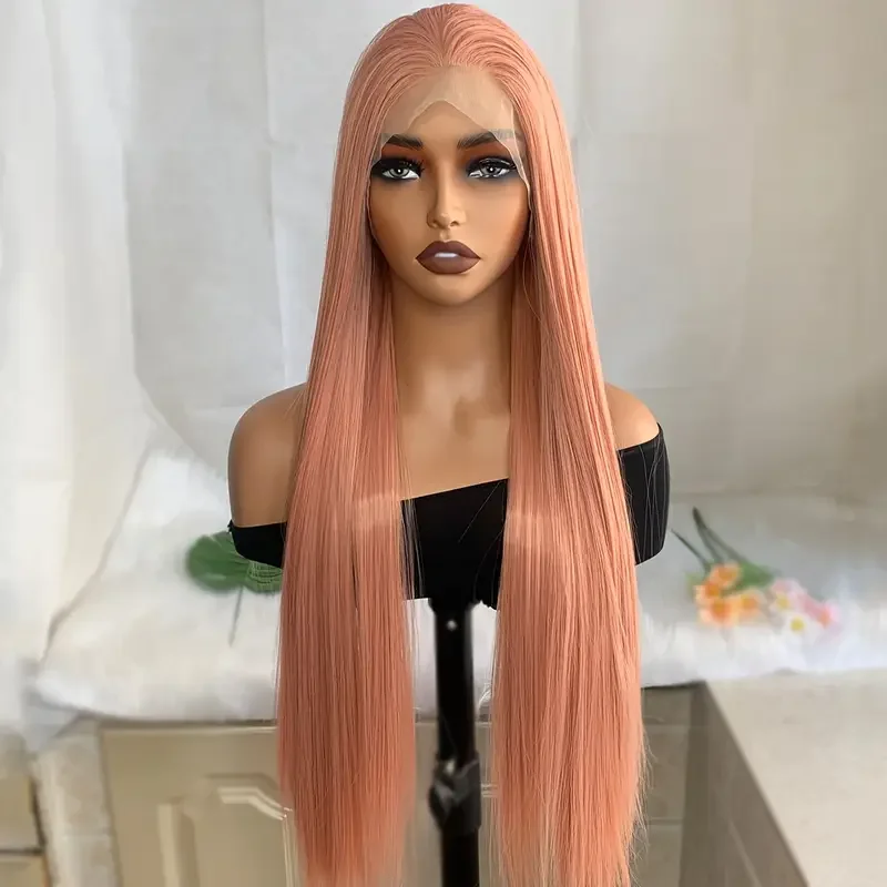 Pelo largo y liso de encaje sintético rosa de 26 pulgadas para mujer: resistente al calor, densidad del 180%, diseño sin pegamento, estilo versátil para todos